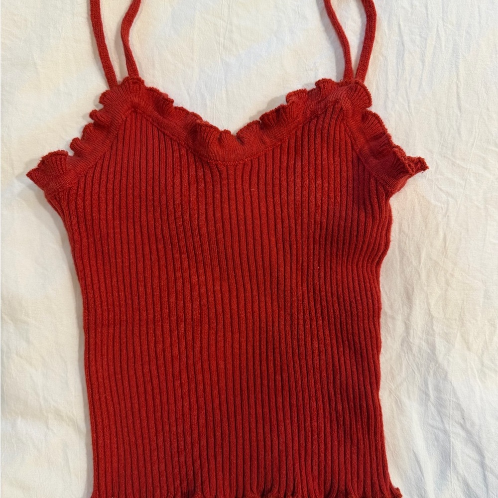 Women's Red Ribbed Lace-Edge Tank Top